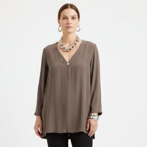 Eileen Fisher Brown Top Button Front Silk Tunic Top M/L
